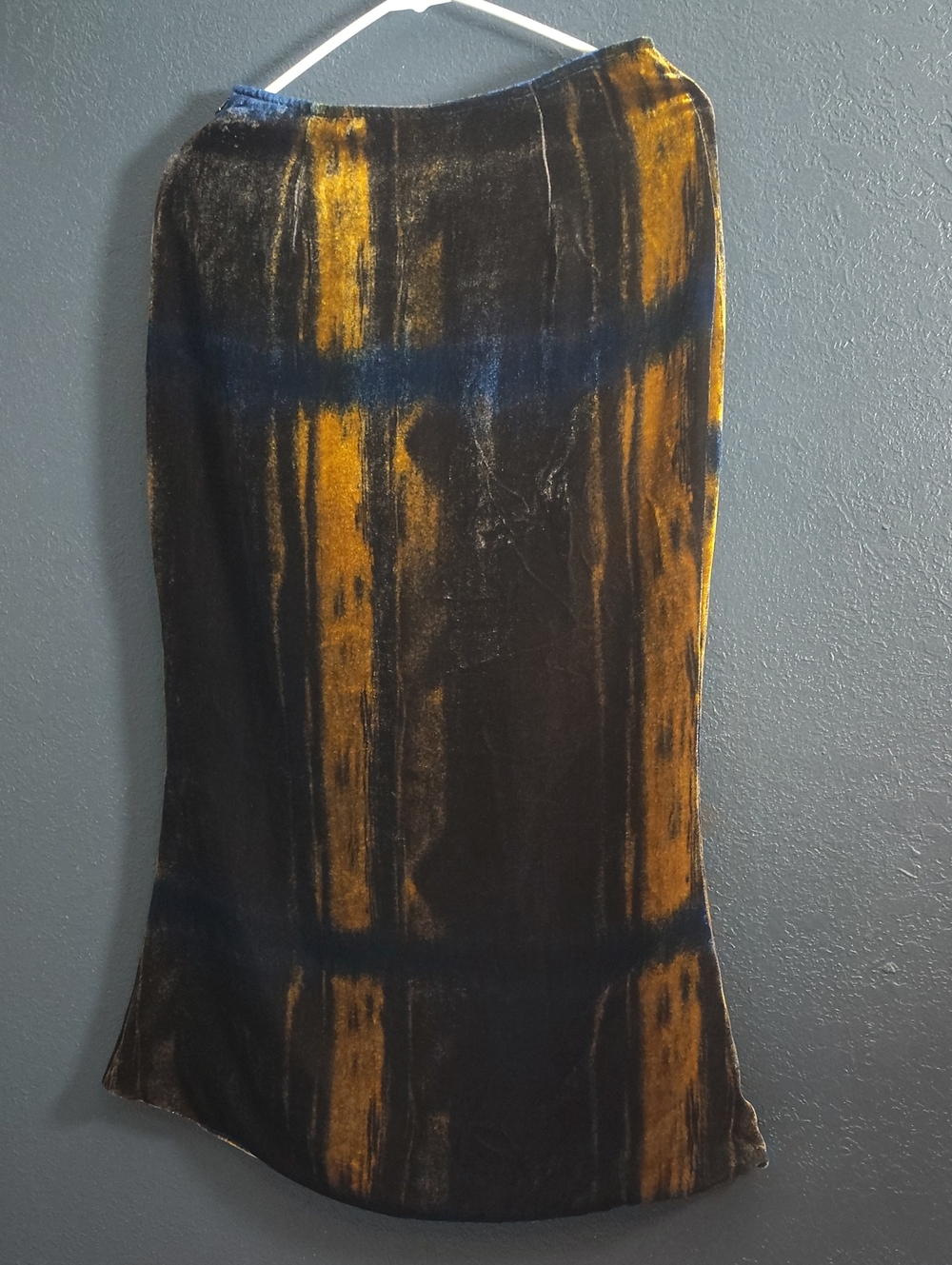 Rare Kim Shui Silk Velvet Pencil Skirt in Mustard Black with Navy Accents